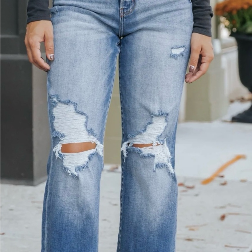 Cello Blue Flare Wide Leg Jeans with Distressed Rips
